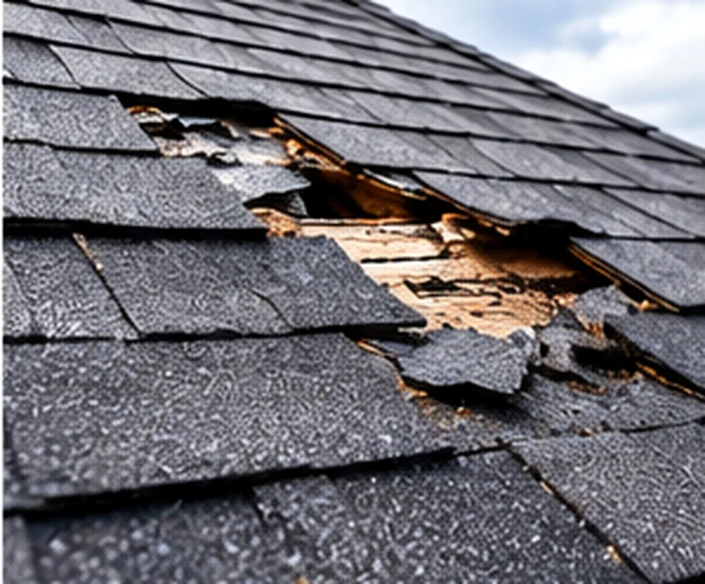 Storm-damaged roof with shingles torn away exposing the bare wood deck beneath
