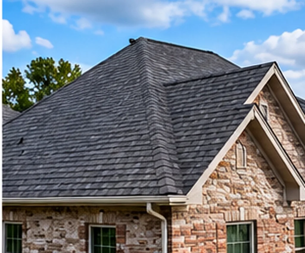 Completed shingle roof on a suburban home after replacement