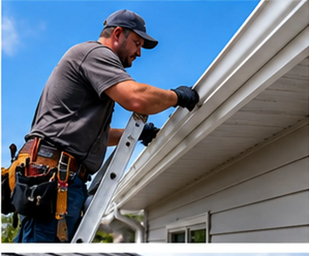 Seamless gutter section being fitted along the fascia at the edge of a roof