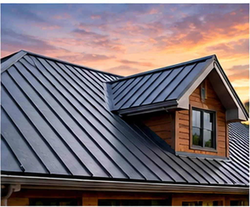 Dark standing seam metal roof with a dormer on a timber mountain home at sunset