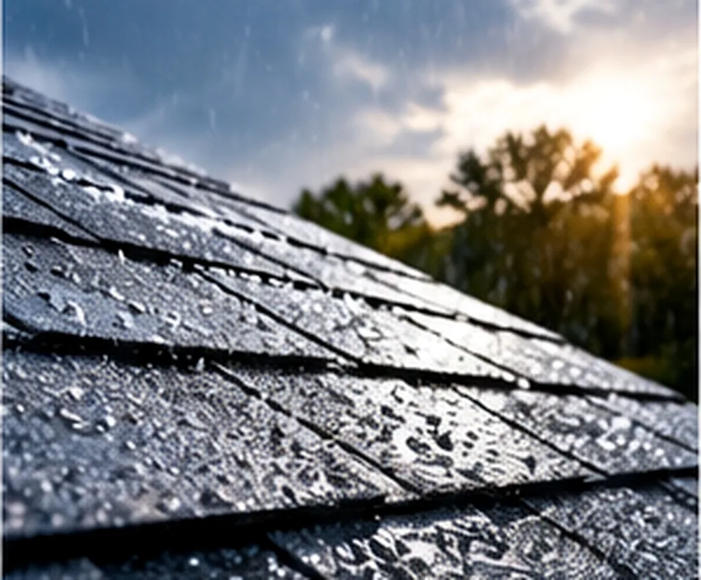 Close view of wet asphalt shingles showing granule surface texture after rainfall